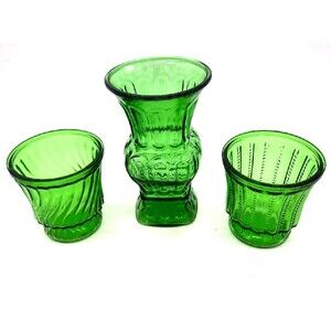 Vintage Set Of 3 MCM Emerald Green Depression Glass Vases A L Randall